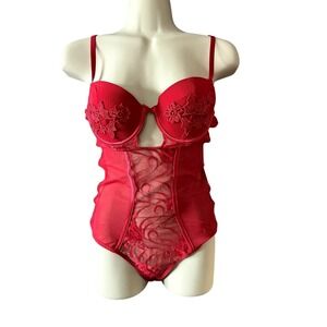 Rachel Red Floral Lace Bodysuit Lingerie Teddy Cutout Sexy Medium